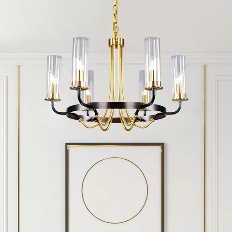 Clear Glass Tubular Ceiling Chandelier Colonial Style 6/8 Heads Bedroom Pendant Lighting Fixture in Black/Gold with Metal Ring Design Clearhalo 'Ceiling Lights' 'Chandeliers' Lighting' options 1475002