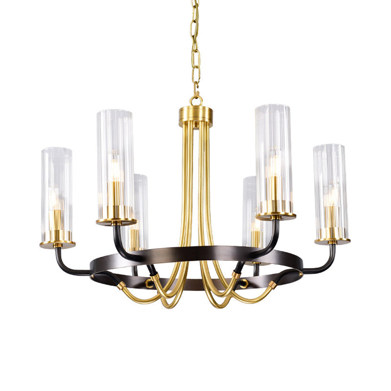 Clear Glass Tubular Ceiling Chandelier Colonial Style 6/8 Heads Bedroom Pendant Lighting Fixture in Black/Gold with Metal Ring Design Clearhalo 'Ceiling Lights' 'Chandeliers' Lighting' options 1475003