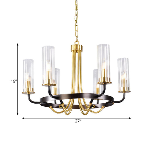 Clear Glass Tubular Ceiling Chandelier Colonial Style 6/8 Heads Bedroom Pendant Lighting Fixture in Black/Gold with Metal Ring Design Clearhalo 'Ceiling Lights' 'Chandeliers' Lighting' options 1475004