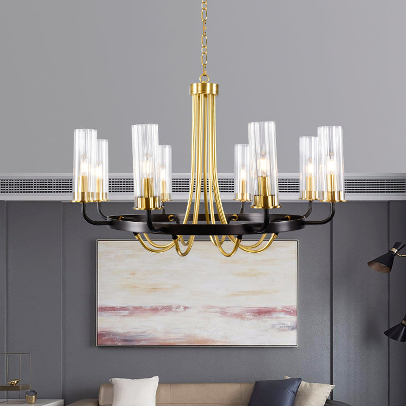 Clear Glass Tubular Ceiling Chandelier Colonial Style 6/8 Heads Bedroom Pendant Lighting Fixture in Black/Gold with Metal Ring Design Clearhalo 'Ceiling Lights' 'Chandeliers' Lighting' options 1475007