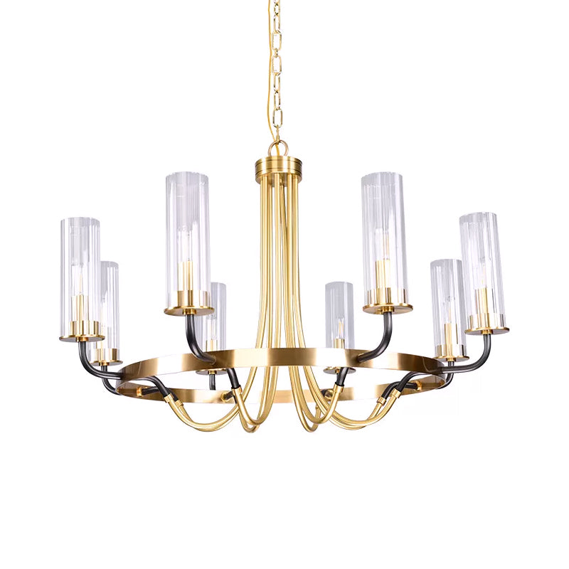 Clear Glass Tubular Ceiling Chandelier Colonial Style 6/8 Heads Bedroom Pendant Lighting Fixture in Black/Gold with Metal Ring Design Clearhalo 'Ceiling Lights' 'Chandeliers' Lighting' options 1475008