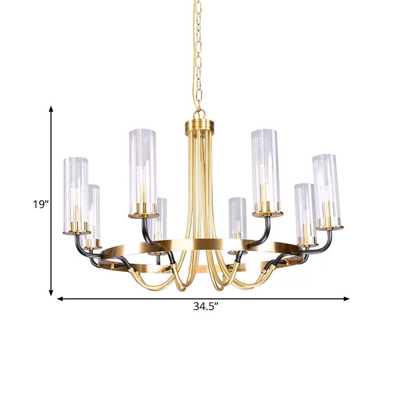 Clear Glass Tubular Ceiling Chandelier Colonial Style 6/8 Heads Bedroom Pendant Lighting Fixture in Black/Gold with Metal Ring Design Clearhalo 'Ceiling Lights' 'Chandeliers' Lighting' options 1475009