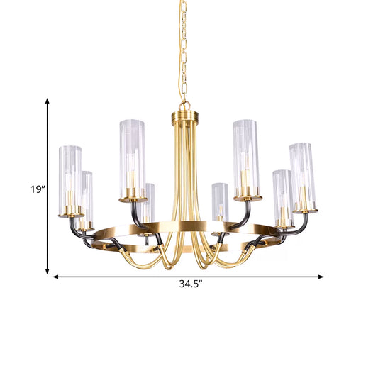 Clear Glass Tubular Ceiling Chandelier Colonial Style 6/8 Heads Bedroom Pendant Lighting Fixture in Black/Gold with Metal Ring Design Clearhalo 'Ceiling Lights' 'Chandeliers' Lighting' options 1475009