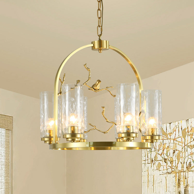 Colonial Cylinder Chandelier 6/8-Head Clear Dimpled Glass Hanging Ceiling Light for Living Room with Metal Frame Clearhalo 'Ceiling Lights' 'Chandeliers' Lighting' options 1475010