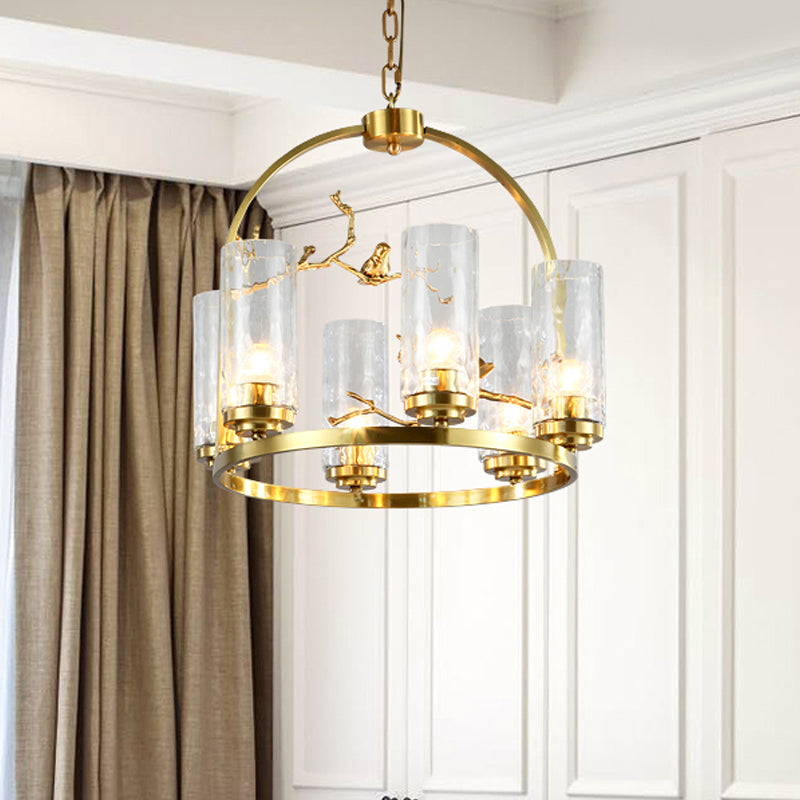 Colonial Cylinder Chandelier 6/8-Head Clear Dimpled Glass Hanging Ceiling Light for Living Room with Metal Frame Clearhalo 'Ceiling Lights' 'Chandeliers' Lighting' options 1475011