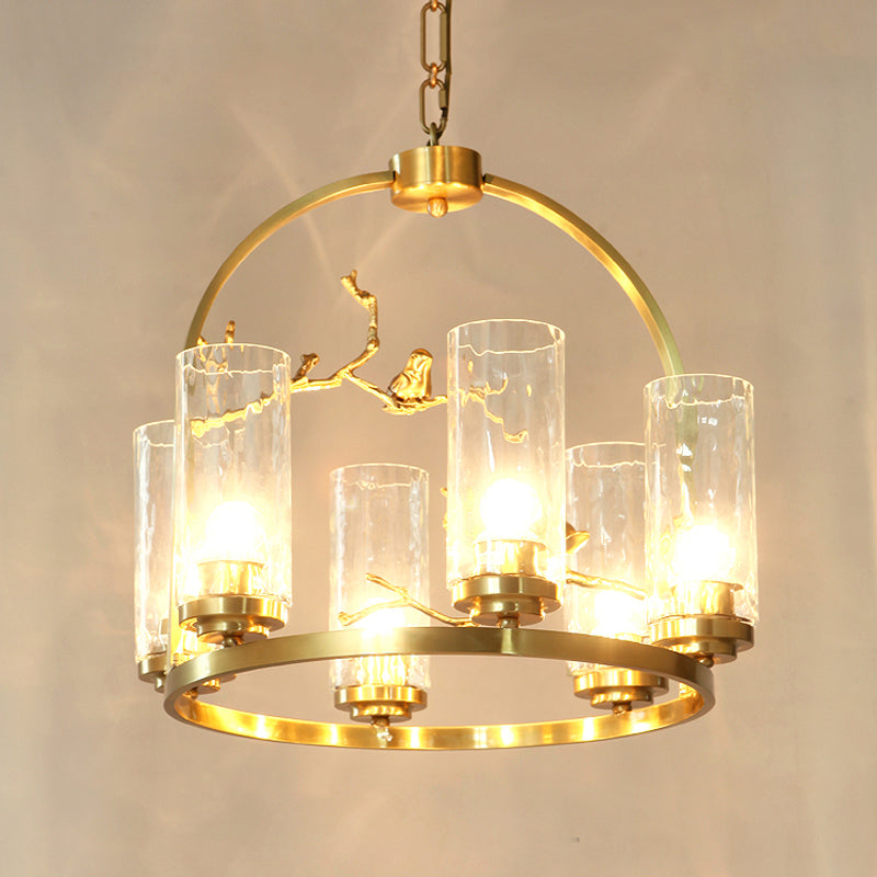 Colonial Cylinder Chandelier 6/8-Head Clear Dimpled Glass Hanging Ceiling Light for Living Room with Metal Frame Clearhalo 'Ceiling Lights' 'Chandeliers' Lighting' options 1475013