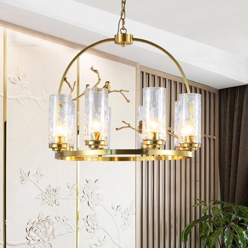 Colonial Cylinder Chandelier 6/8-Head Clear Dimpled Glass Hanging Ceiling Light for Living Room with Metal Frame Clearhalo 'Ceiling Lights' 'Chandeliers' Lighting' options 1475016