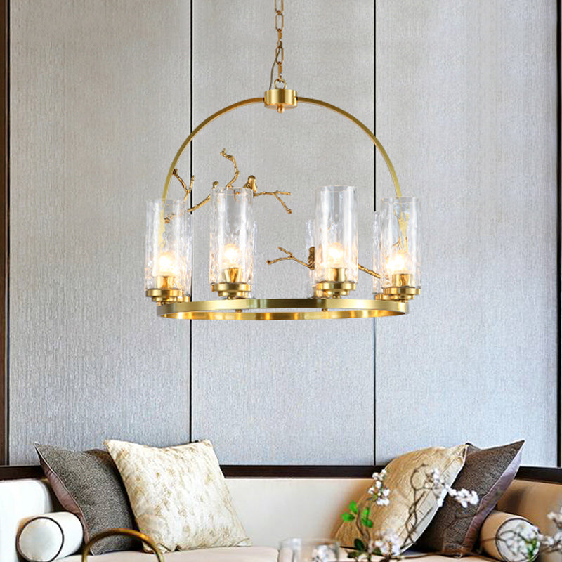 Colonial Cylinder Chandelier 6/8-Head Clear Dimpled Glass Hanging Ceiling Light for Living Room with Metal Frame 8 Gold Clearhalo 'Ceiling Lights' 'Chandeliers' Lighting' options 1475017_acb707f7-9243-42e4-83e7-0e54cd5ada65