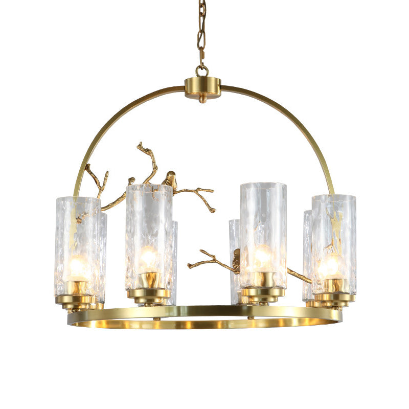 Colonial Cylinder Chandelier 6/8-Head Clear Dimpled Glass Hanging Ceiling Light for Living Room with Metal Frame Clearhalo 'Ceiling Lights' 'Chandeliers' Lighting' options 1475018