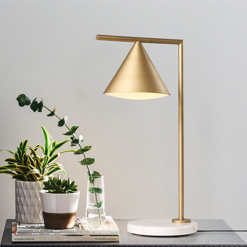 1 Head Metal Table Light Colonialist Gold Conical Bedroom Nightstand Lamp with Marble Base Gold Clearhalo 'Lamps' 'Table Lamps' Lighting' 1475025