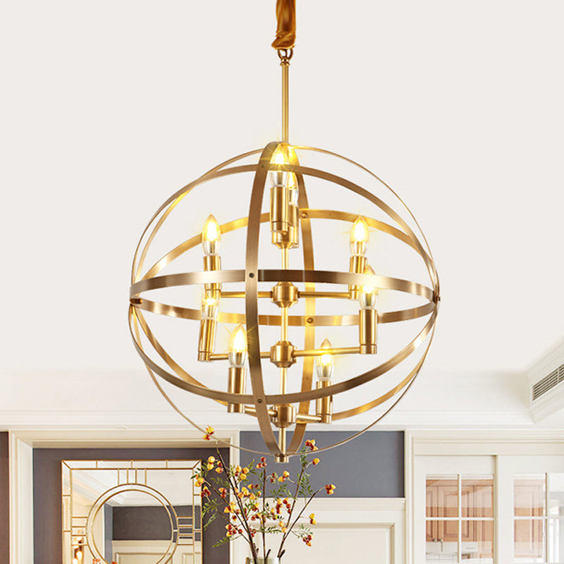 8 Bulbs Chandelier Lamp Traditional Candelabra Metallic Hanging Ceiling Light in Gold with Globe Wire Cage Clearhalo 'Ceiling Lights' 'Chandeliers' Lighting' options 1475030