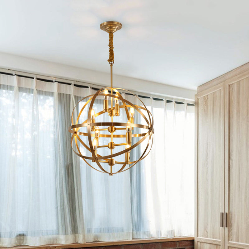 8 Bulbs Chandelier Lamp Traditional Candelabra Metallic Hanging Ceiling Light in Gold with Globe Wire Cage Clearhalo 'Ceiling Lights' 'Chandeliers' Lighting' options 1475032