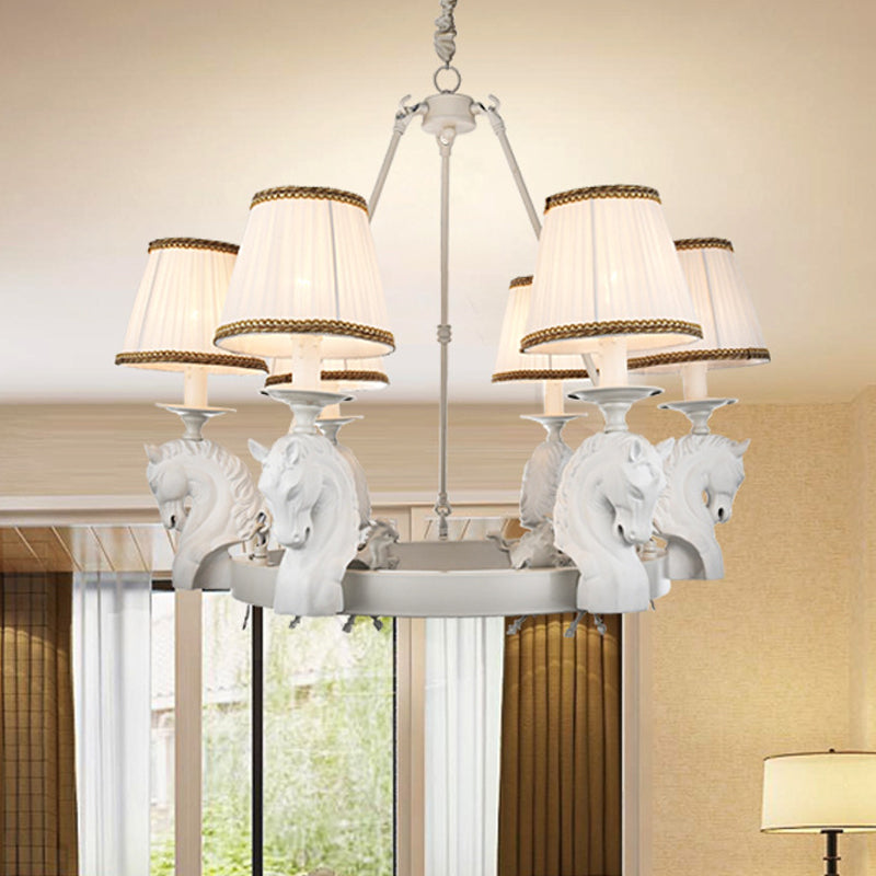 Tapered Fabric Chandelier Light Fixture Country 6 Heads Living Room Pendant Lamp in White/Bronze with Metal Horse Head Design Clearhalo 'Ceiling Lights' 'Chandeliers' Lighting' options 1475040