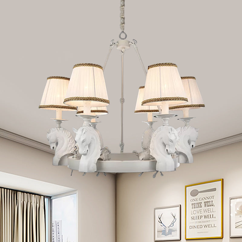 Tapered Fabric Chandelier Light Fixture Country 6 Heads Living Room Pendant Lamp in White/Bronze with Metal Horse Head Design Clearhalo 'Ceiling Lights' 'Chandeliers' Lighting' options 1475041