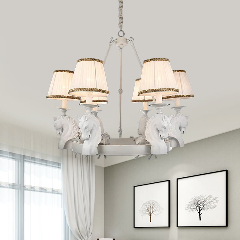 Tapered Fabric Chandelier Light Fixture Country 6 Heads Living Room Pendant Lamp in White/Bronze with Metal Horse Head Design Clearhalo 'Ceiling Lights' 'Chandeliers' Lighting' options 1475042