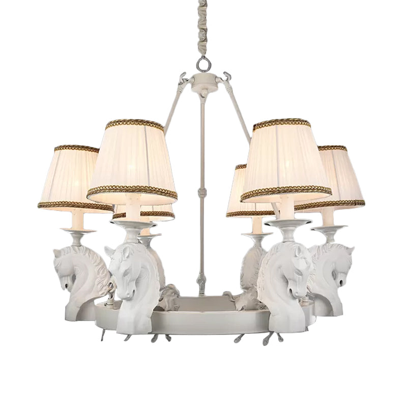 Tapered Fabric Chandelier Light Fixture Country 6 Heads Living Room Pendant Lamp in White/Bronze with Metal Horse Head Design Clearhalo 'Ceiling Lights' 'Chandeliers' Lighting' options 1475043