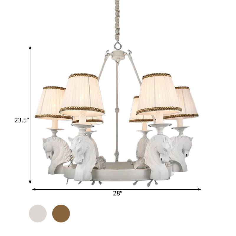 Tapered Fabric Chandelier Light Fixture Country 6 Heads Living Room Pendant Lamp in White/Bronze with Metal Horse Head Design Clearhalo 'Ceiling Lights' 'Chandeliers' Lighting' options 1475044