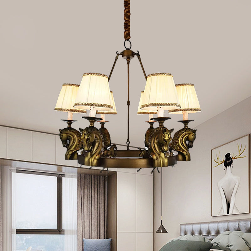 Tapered Fabric Chandelier Light Fixture Country 6 Heads Living Room Pendant Lamp in White/Bronze with Metal Horse Head Design Clearhalo 'Ceiling Lights' 'Chandeliers' Lighting' options 1475047