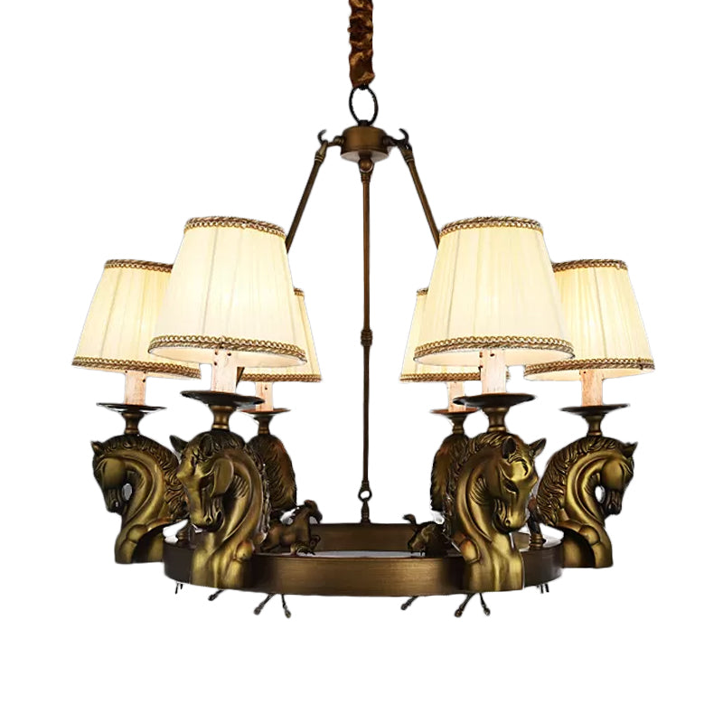 Tapered Fabric Chandelier Light Fixture Country 6 Heads Living Room Pendant Lamp in White/Bronze with Metal Horse Head Design Clearhalo 'Ceiling Lights' 'Chandeliers' Lighting' options 1475048