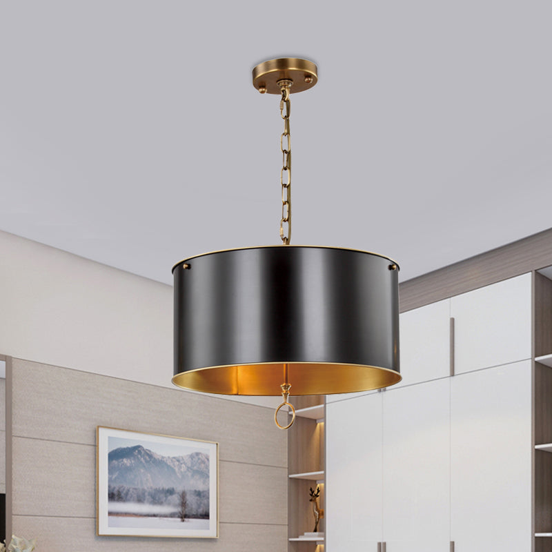 Black 1 Bulb Pendant Light Kit Traditional Metallic Drum Shade Hanging Lamp for Living Room Clearhalo 'Ceiling Lights' 'Pendant Lights' 'Pendants' Lighting' 1475050