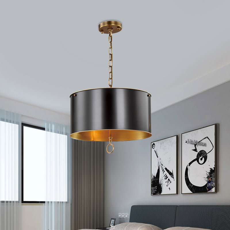 Black 1 Bulb Pendant Light Kit Traditional Metallic Drum Shade Hanging Lamp for Living Room Clearhalo 'Ceiling Lights' 'Pendant Lights' 'Pendants' Lighting' 1475051