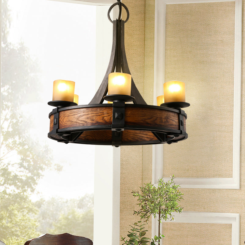 Black Tube Chandelier Lamp Traditional Beige Glass 6 Lights Dining Room Hanging Light Fixture with Round Wood Design Clearhalo 'Ceiling Lights' 'Chandeliers' Lighting' options 1475054