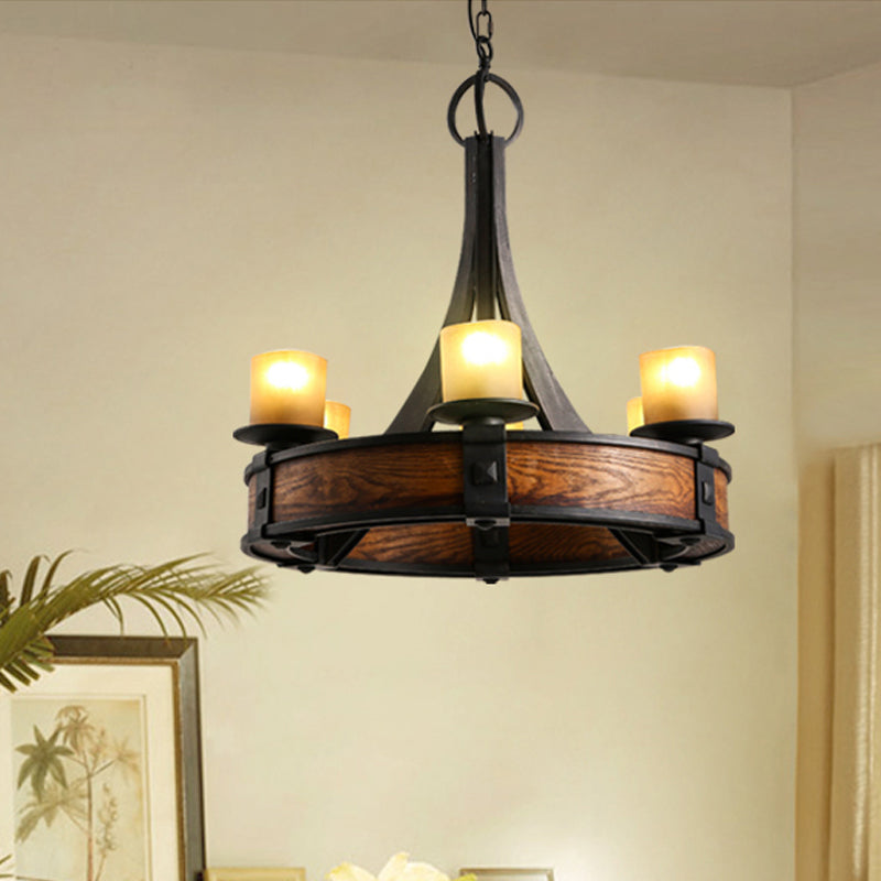 Black Tube Chandelier Lamp Traditional Beige Glass 6 Lights Dining Room Hanging Light Fixture with Round Wood Design Clearhalo 'Ceiling Lights' 'Chandeliers' Lighting' options 1475055