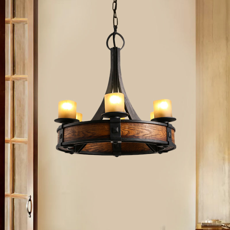 Black Tube Chandelier Lamp Traditional Beige Glass 6 Lights Dining Room Hanging Light Fixture with Round Wood Design Clearhalo 'Ceiling Lights' 'Chandeliers' Lighting' options 1475056