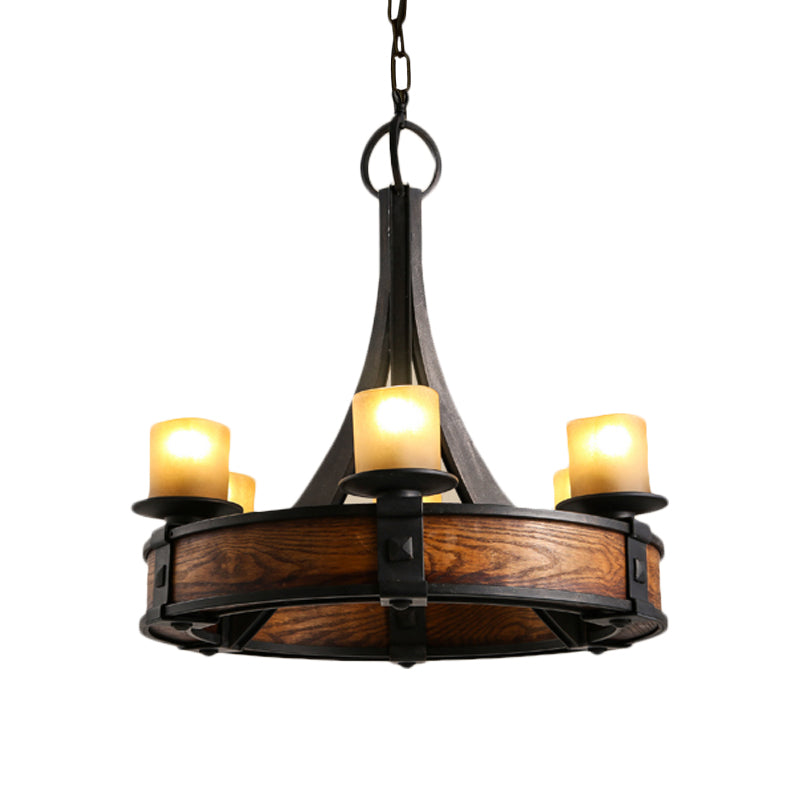 Black Tube Chandelier Lamp Traditional Beige Glass 6 Lights Dining Room Hanging Light Fixture with Round Wood Design Clearhalo 'Ceiling Lights' 'Chandeliers' Lighting' options 1475057