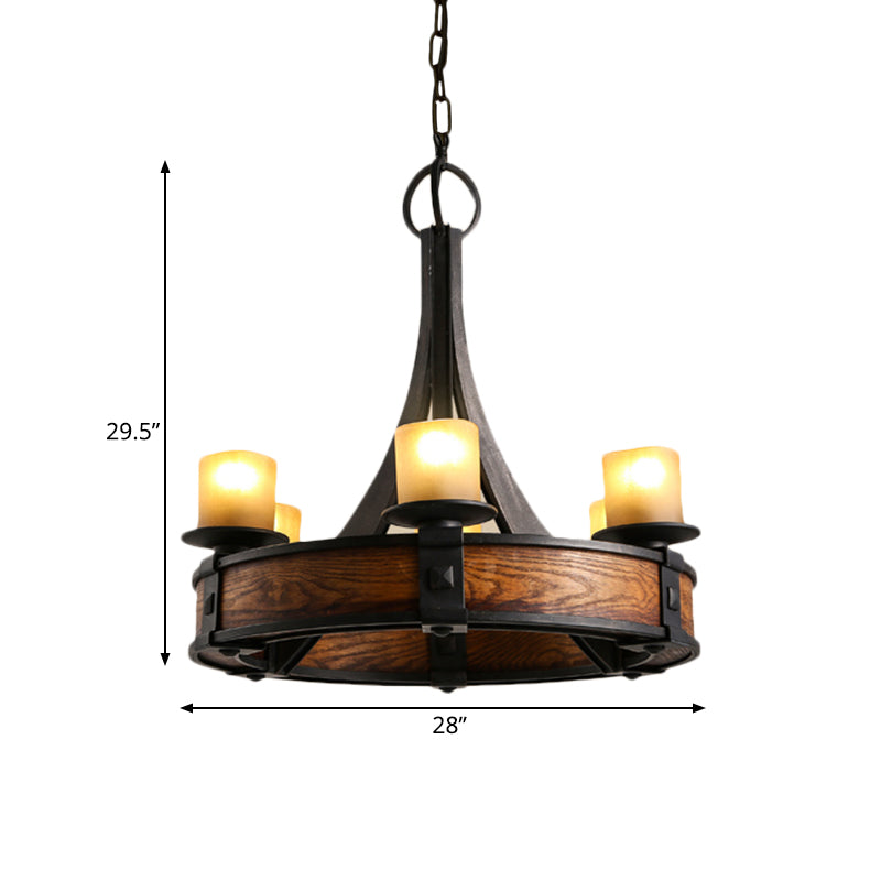 Black Tube Chandelier Lamp Traditional Beige Glass 6 Lights Dining Room Hanging Light Fixture with Round Wood Design Clearhalo 'Ceiling Lights' 'Chandeliers' Lighting' options 1475058