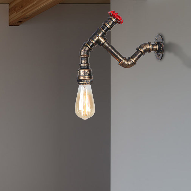 Exposed Bulb Iron Wall Lamp Industrial Style 1 Head Corridor Wall Lighting Fixture with Red Valve in Aged Bronze Clearhalo 'Art deco wall lights' 'Cast Iron' 'Glass' 'Industrial wall lights' 'Industrial' 'Middle century wall lights' 'Modern' 'Rustic wall lights' 'Tiffany' 'Traditional wall lights' 'Wall Lamps & Sconces' 'Wall Lights' Lighting' 147506