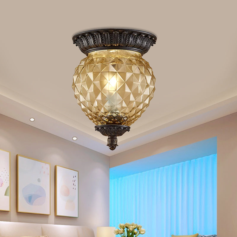 8"/12.5" W Prismatic Glass Black Flush Mount Lamp Urn-Shaped/Teardrop 2-Head Countryside Ceiling Mounted Fixture Black 8" Clearhalo 'Ceiling Lights' 'Close To Ceiling Lights' 'Close to ceiling' 'Flush mount' Lighting' 1475066