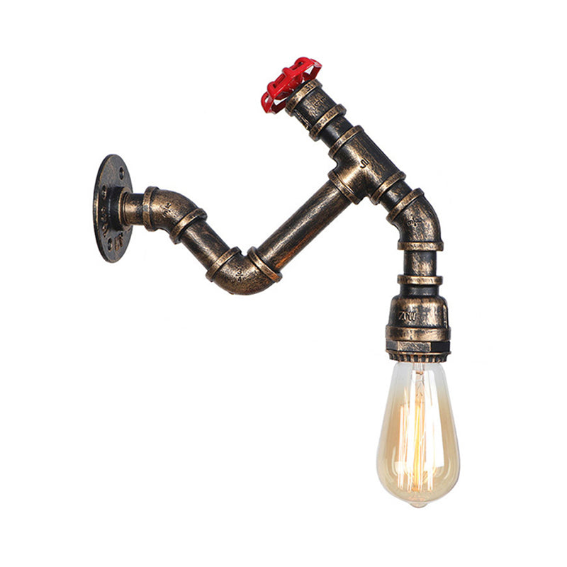 Exposed Bulb Iron Wall Lamp Industrial Style 1 Head Corridor Wall Lighting Fixture with Red Valve in Aged Bronze Clearhalo 'Art deco wall lights' 'Cast Iron' 'Glass' 'Industrial wall lights' 'Industrial' 'Middle century wall lights' 'Modern' 'Rustic wall lights' 'Tiffany' 'Traditional wall lights' 'Wall Lamps & Sconces' 'Wall Lights' Lighting' 147507