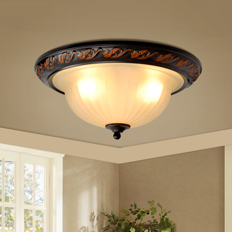 Cream Glass Bowl Shade Flush Mount Lighting Farmhouse 3 Lights Bedroom Metal Ceiling Lamp in Black for Bedroom Clearhalo 'Ceiling Lights' 'Close To Ceiling Lights' 'Close to ceiling' 'Flush mount' Lighting' 1475070