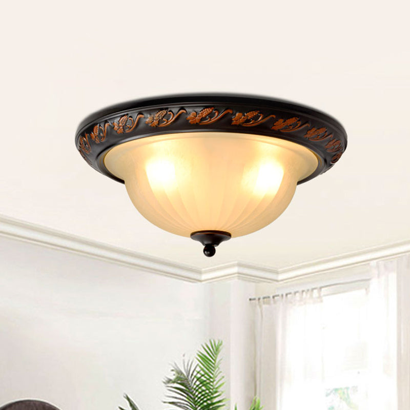 Cream Glass Bowl Shade Flush Mount Lighting Farmhouse 3 Lights Bedroom Metal Ceiling Lamp in Black for Bedroom Clearhalo 'Ceiling Lights' 'Close To Ceiling Lights' 'Close to ceiling' 'Flush mount' Lighting' 1475071