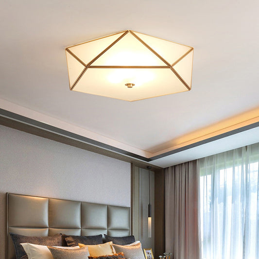 Beveled Box Hotel Flush Mount Frosted White Glass Single Post-Modern Ceiling Light in Gold, 14"/18" Width Clearhalo 'Ceiling Lights' 'Close To Ceiling Lights' 'Close to ceiling' 'Flush mount' Lighting' 1475110