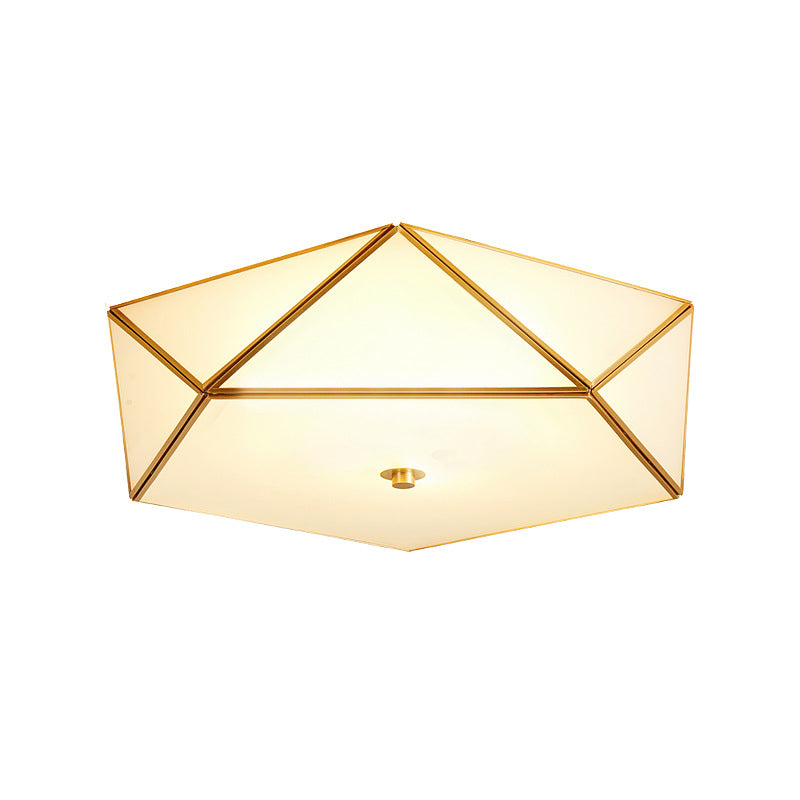 Beveled Box Hotel Flush Mount Frosted White Glass Single Post-Modern Ceiling Light in Gold, 14"/18" Width Clearhalo 'Ceiling Lights' 'Close To Ceiling Lights' 'Close to ceiling' 'Flush mount' Lighting' 1475111