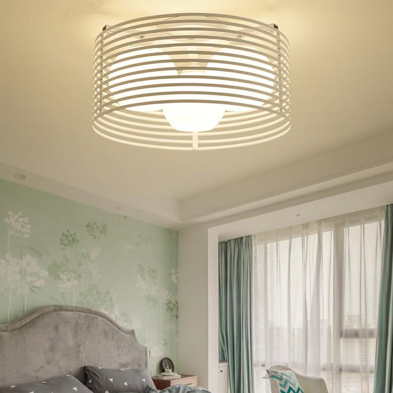 Milk Open Glass Dome Flushmount Contemporary 3 Heads Flush Mount Ceiling Light with Black/White Drum Cage White Clearhalo 'Ceiling Lights' 'Close To Ceiling Lights' 'Close to ceiling' 'Flush mount' Lighting' 1475115