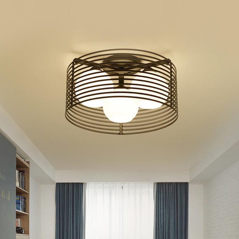 Milk Open Glass Dome Flushmount Contemporary 3 Heads Flush Mount Ceiling Light with Black/White Drum Cage Black Clearhalo 'Ceiling Lights' 'Close To Ceiling Lights' 'Close to ceiling' 'Flush mount' Lighting' 1475120