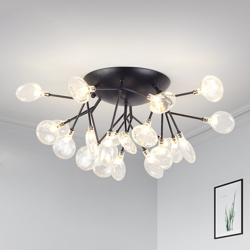 Clear Glass Branchlet LED Ceiling Flush Modern 21 Bulbs Black Semi Flush Mount Chandelier in Warm/White Light Black Clearhalo 'Ceiling Lights' 'Close To Ceiling Lights' 'Close to ceiling' 'Glass shade' 'Glass' 'Semi-flushmount' Lighting' 1475143