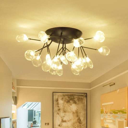 Clear Glass Branchlet LED Ceiling Flush Modern 21 Bulbs Black Semi Flush Mount Chandelier in Warm/White Light Clearhalo 'Ceiling Lights' 'Close To Ceiling Lights' 'Close to ceiling' 'Glass shade' 'Glass' 'Semi-flushmount' Lighting' 1475144