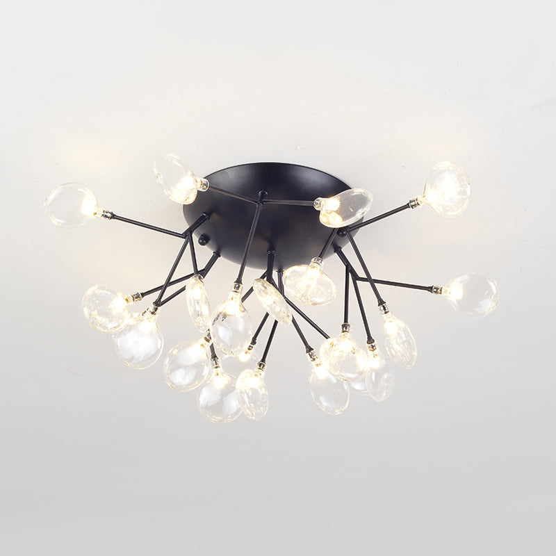 Clear Glass Branchlet LED Ceiling Flush Modern 21 Bulbs Black Semi Flush Mount Chandelier in Warm/White Light Clearhalo 'Ceiling Lights' 'Close To Ceiling Lights' 'Close to ceiling' 'Glass shade' 'Glass' 'Semi-flushmount' Lighting' 1475146