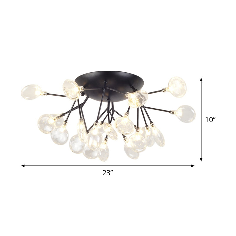 Clear Glass Branchlet LED Ceiling Flush Modern 21 Bulbs Black Semi Flush Mount Chandelier in Warm/White Light Clearhalo 'Ceiling Lights' 'Close To Ceiling Lights' 'Close to ceiling' 'Glass shade' 'Glass' 'Semi-flushmount' Lighting' 1475147