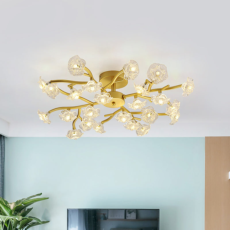 Black/Gold Flower Branch Flush Chandelier Modernist 24-Bulb Transparent Glass Semi Flush Mount Ceiling Light Gold Clearhalo 'Ceiling Lights' 'Close To Ceiling Lights' 'Close to ceiling' 'Glass shade' 'Glass' 'Semi-flushmount' Lighting' 1475149