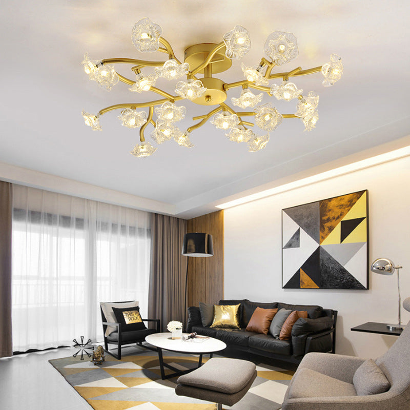 Black/Gold Flower Branch Flush Chandelier Modernist 24-Bulb Transparent Glass Semi Flush Mount Ceiling Light Clearhalo 'Ceiling Lights' 'Close To Ceiling Lights' 'Close to ceiling' 'Glass shade' 'Glass' 'Semi-flushmount' Lighting' 1475150