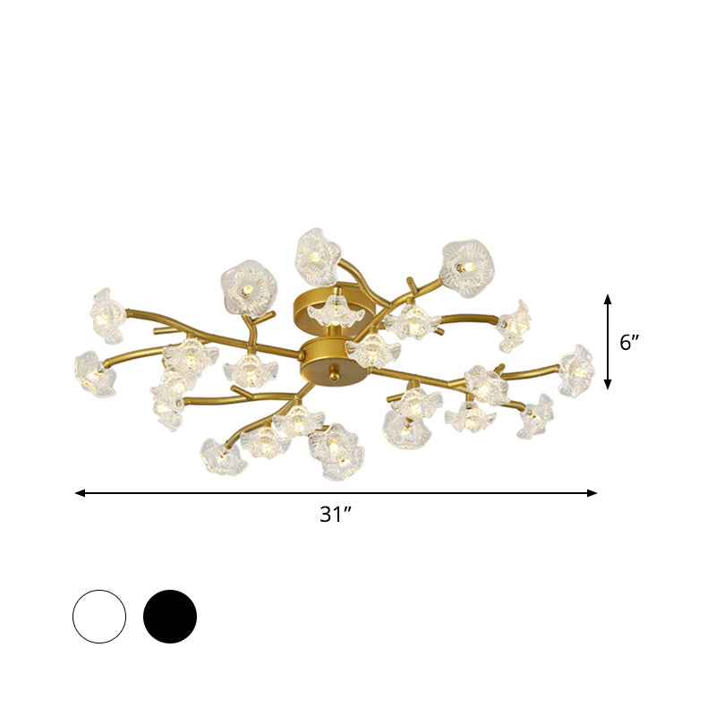 Black/Gold Flower Branch Flush Chandelier Modernist 24-Bulb Transparent Glass Semi Flush Mount Ceiling Light Clearhalo 'Ceiling Lights' 'Close To Ceiling Lights' 'Close to ceiling' 'Glass shade' 'Glass' 'Semi-flushmount' Lighting' 1475152