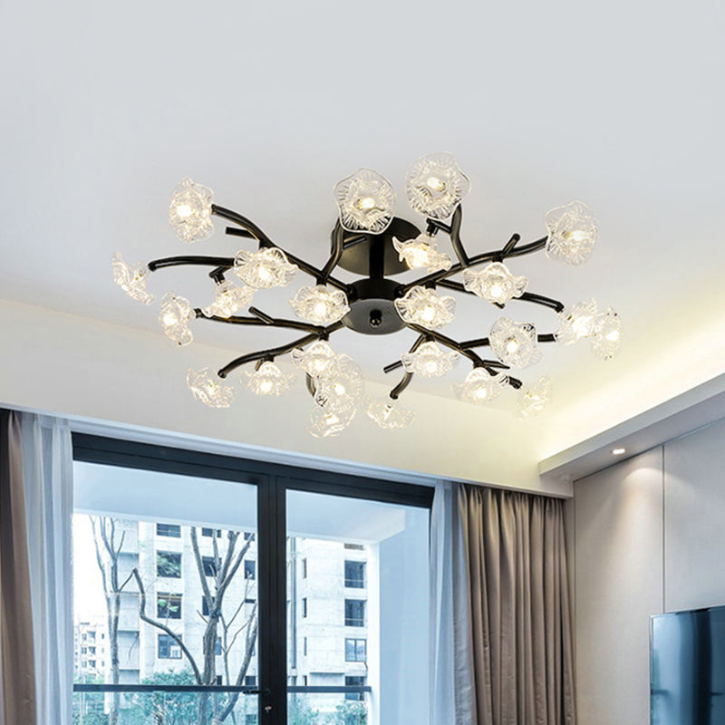 Black/Gold Flower Branch Flush Chandelier Modernist 24-Bulb Transparent Glass Semi Flush Mount Ceiling Light Black Clearhalo 'Ceiling Lights' 'Close To Ceiling Lights' 'Close to ceiling' 'Glass shade' 'Glass' 'Semi-flushmount' Lighting' 1475154