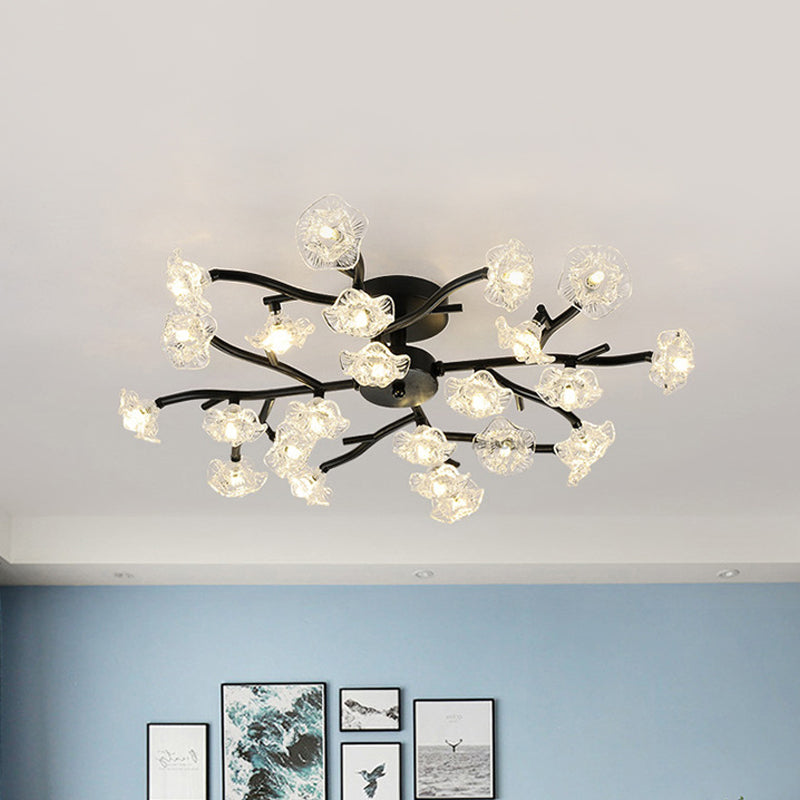 Black/Gold Flower Branch Flush Chandelier Modernist 24-Bulb Transparent Glass Semi Flush Mount Ceiling Light Clearhalo 'Ceiling Lights' 'Close To Ceiling Lights' 'Close to ceiling' 'Glass shade' 'Glass' 'Semi-flushmount' Lighting' 1475155