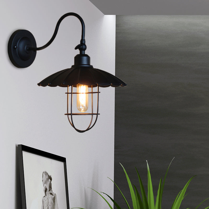Scalloped Edge Metal Sconce Light with Cage Shade Nautical Style 1 Head Bedroom Wall Mounted Light in Black Black Clearhalo 'Art deco wall lights' 'Cast Iron' 'Glass' 'Industrial wall lights' 'Industrial' 'Middle century wall lights' 'Modern' 'Rustic wall lights' 'Tiffany' 'Traditional wall lights' 'Wall Lamps & Sconces' 'Wall Lights' Lighting' 147518