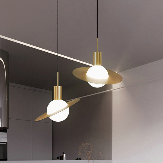 Gold Planetoid Hanging Light Kit Postmodern Single Opaline Glass Ceiling Pendant over Table Gold Clearhalo 'Ceiling Lights' 'Glass shade' 'Glass' 'Modern Pendants' 'Modern' 'Pendant Lights' 'Pendants' Lighting' 1475187